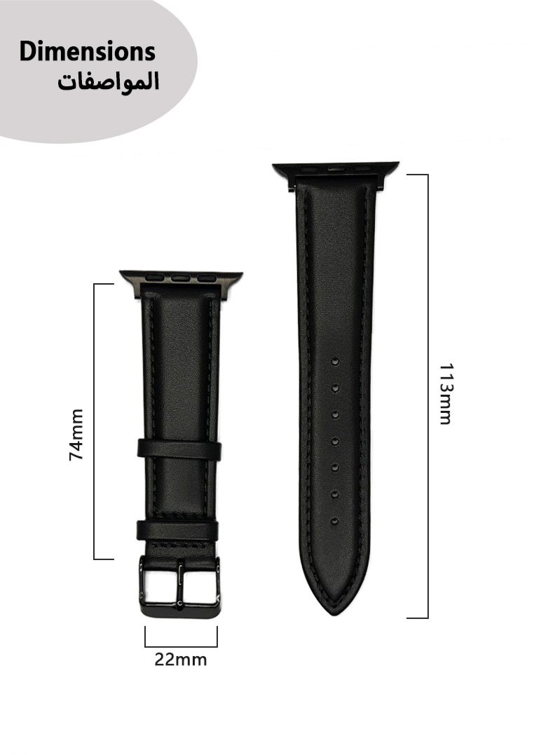 حزام أبل جلدي، 22مم أسود مميّز سادة، بطانة ناعمة، مقاوم للماء والاتساخ من الجانبين، إبزيم دبوس معدني أسود، متوافق مع سلسلة 1-11/SE/Ultra (42/44/45/46/49مم)، قطعة واحدة - Image 5